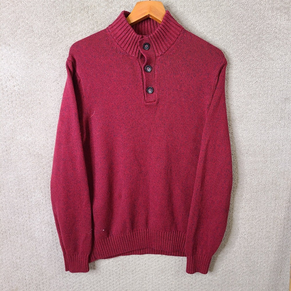 Izod Sweater Mens Large Red Marled Mock Neck Button Pullover Cotton Casual‎
